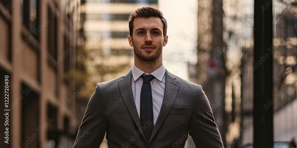 Fototapeta premium Confident young professional in a gray suit and tie standing in an urban street with blurred buildings in the background during daylight.