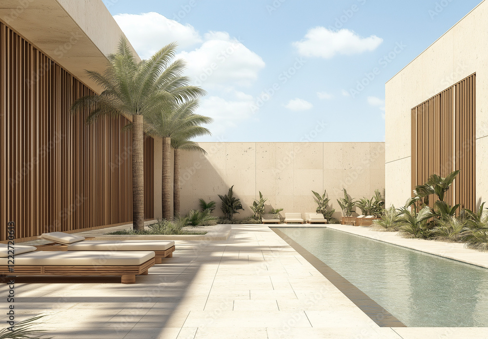 Fototapeta premium Modern Luxury Villa in Dubai with Pool and Palm Tree Garden