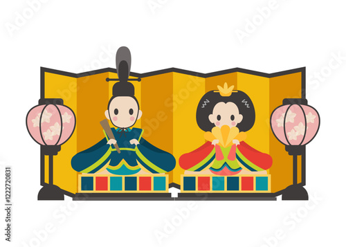 おひなさまと金屏風　ベクターイラスト