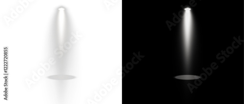 White spotlight shines on transparent background. Glowing light effect. Scene spotlight on stage. Spotlight PNG. Vector lights: source, studio, walls. PNG file.