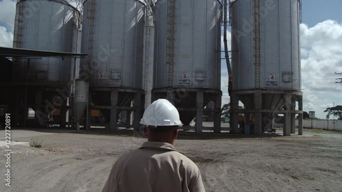 A detailed sequence showcasing industrial grain and rice storage processes, from unloading grains into silos to bulk storage. Highlights food sovereignty efforts, combating hunger and climate change.
