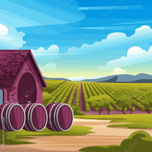 Vineyard and Winery with Wine Barrels