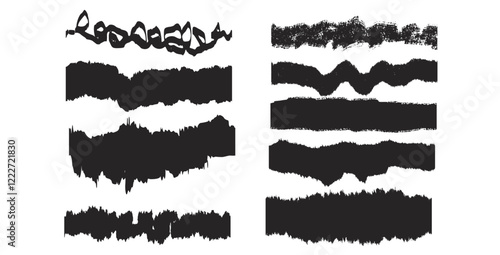 Grunge thick brush highlights set. Line torn shapes modern black. Vector hand drawn underline textures collection illustration isolated on white background.