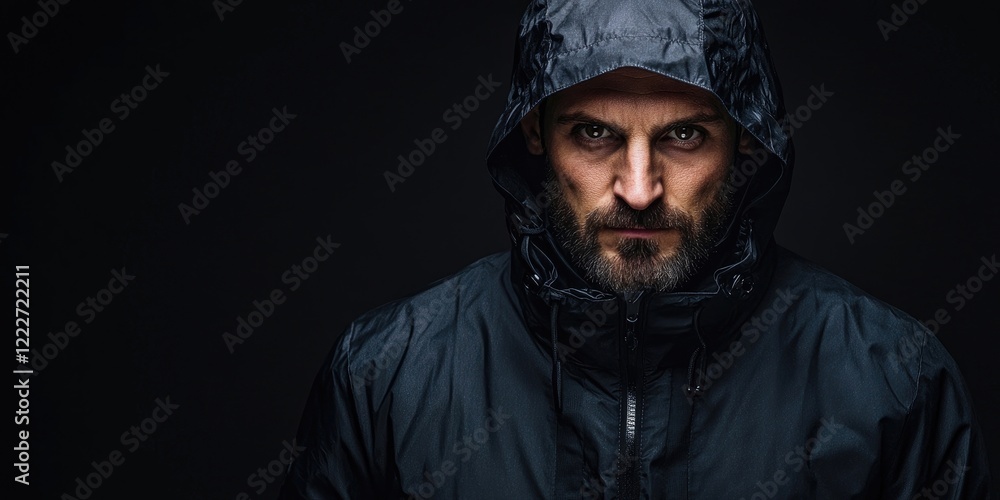 Bearded man in a black waterproof jacket with intense gaze against a dark background; ample negative space for text on left side. Bearded man in a black waterproof jacket with intense gaze against a dark background; ample negative space for text on left side.
