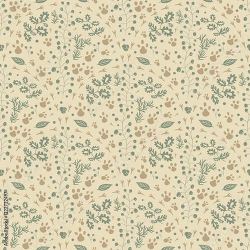 Woodland seamless pattern. Forest endless background. earthy continuous ornament. Surface pattern folk cabincore design motif. Vector hand drawn illustration.