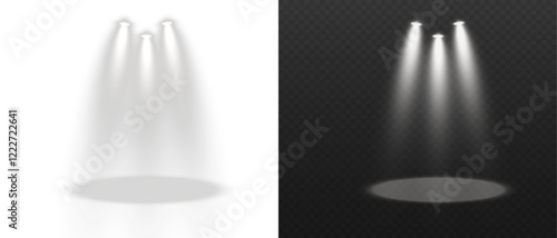 White spotlight shines on transparent background. Glowing light effect. Scene spotlight on stage. Spotlight PNG. Vector lights: source, studio, walls. PNG file.