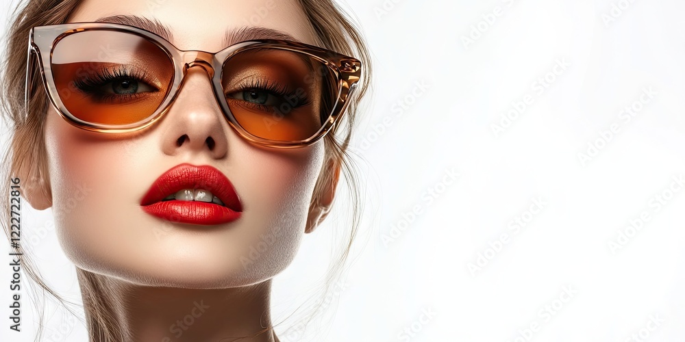 Stylish closeup of a woman with oversized amber sunglasses and bold red lips on a white background showcasing beauty and fashion elegance. Stylish closeup of a woman with oversized amber sunglasses and bold red lips on a white background showcasing beauty and fashion elegance.