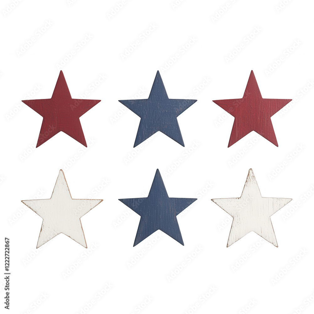 Colorful wooden stars in red, white, and blue arranged in a decorative pattern. Colorful wooden stars in red, white, and blue arranged in a decorative pattern.