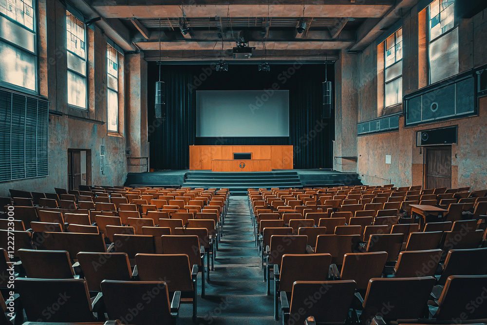 Naklejka premium Empty auditorium with wooden seating and a large screen in the background, ideal for presentations