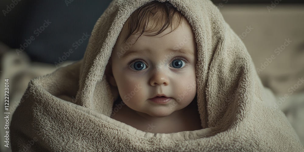 Tender infant with blue eyes wrapped in a soft beige towel after a bath, positioned centrally against a muted background for a serene ambiance. Tender infant with blue eyes wrapped in a soft beige towel after a bath, positioned centrally against a muted background for a serene ambiance.