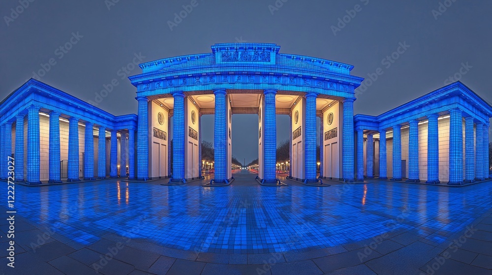 Fototapeta premium Blue Illuminated Archway with Columns in Perfect Symmetry, Grand Cityscape Night Architecture