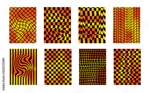 Checkerboard neon background set. Psychedelic checker gradient posters templates. Surreal chessboard with distorted grid and stripes. Y2k brutal textures. Vector playful flat geometric wavy backdrops.