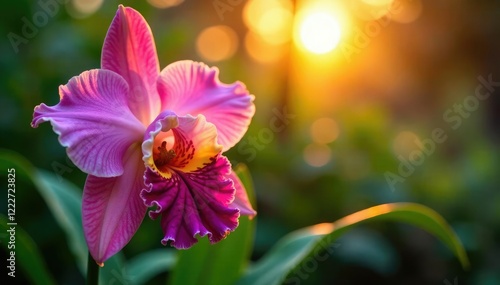 Colorful Cattleya labiata orchid in a tropical garden at sunrise, garden, sunrise, stamens photo