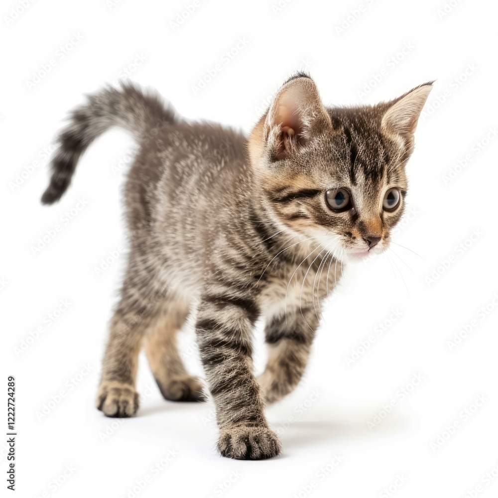 Small tabby kitten walking and exploring on white background Small tabby kitten walking and exploring on white background