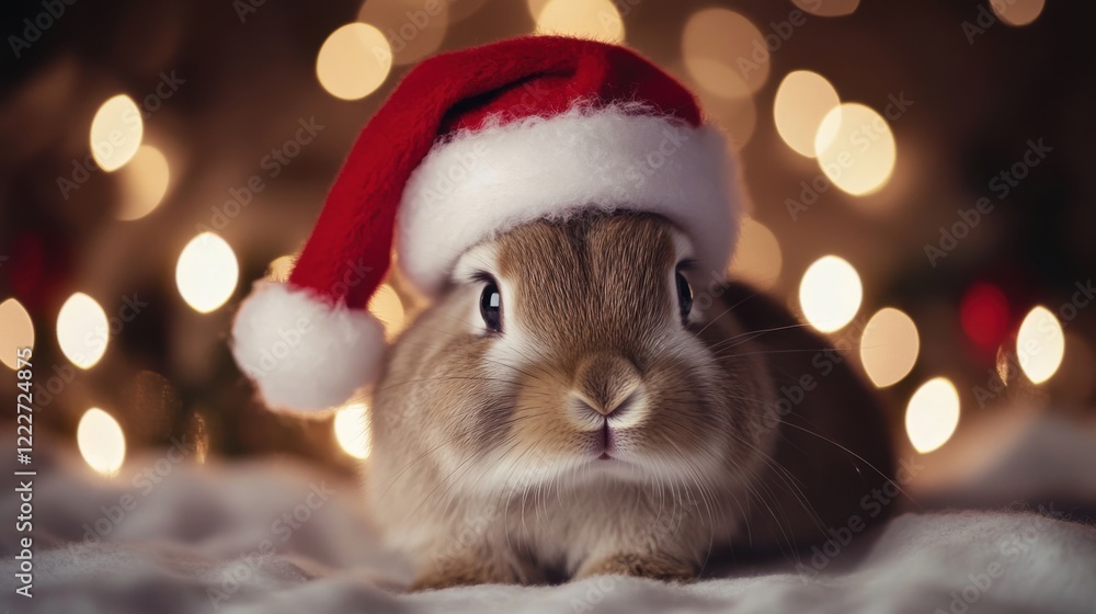 Santa hat on a rabbit. Cute and festive scene. Emphasizing holiday cheer and pets. Ideal for Christmas-themed pet decorations. Santa hat on a rabbit. Cute and festive scene. Emphasizing holiday cheer and pets. Ideal for Christmas-themed pet decorations.