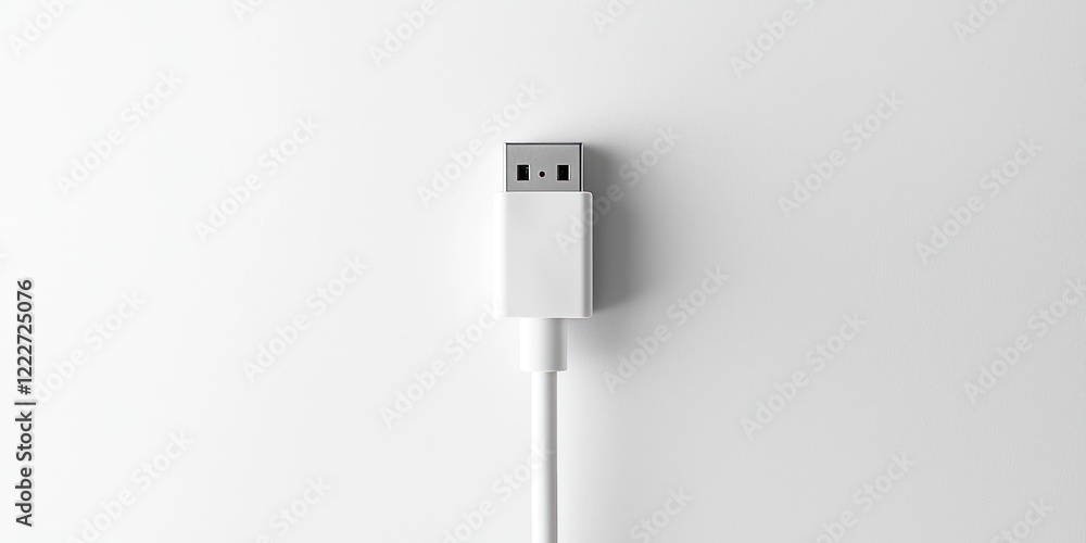 A white USB connector against a plain background, used for data transfer and charging. A white USB connector against a plain background, used for data transfer and charging.