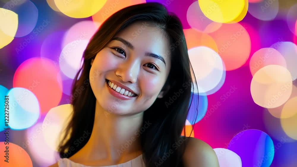 A vibrant close up of a beautiful woman smiling, featuring her lively expression against a dreamy multicolored bokeh background. A vibrant close up of a beautiful woman smiling, featuring her lively expression against a dreamy multicolored bokeh background.