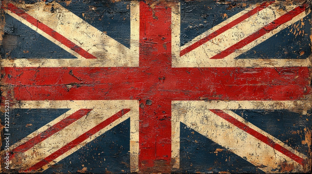 Fototapeta premium A weathered wooden sign displays the British flag