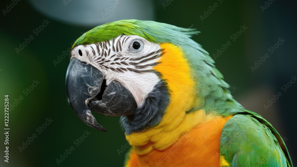 Vibrant closeup of a colorful parrot with green and yellow feathers, showcasing intricate patterns on its head against a blurred green background. Vibrant closeup of a colorful parrot with green and yellow feathers, showcasing intricate patterns on its head against a blurred green background.