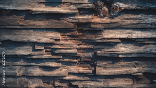 Weathered wood texture background with horizontal planks in shades of brown and gray, highlighting natural grain and rustic details. photo