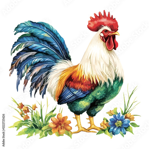Watercolor painting vector illustration of rooster