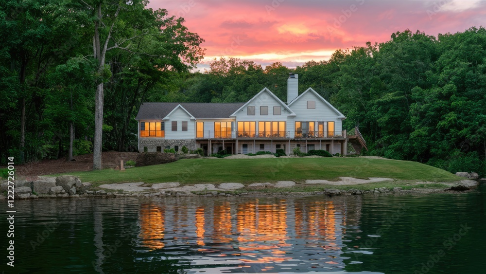 Lakeside home with large windows reflecting sunset hues of pink and orange over calm water, surrounded by lush green trees and rock formations. Lakeside home with large windows reflecting sunset hues of pink and orange over calm water, surrounded by lush green trees and rock formations.