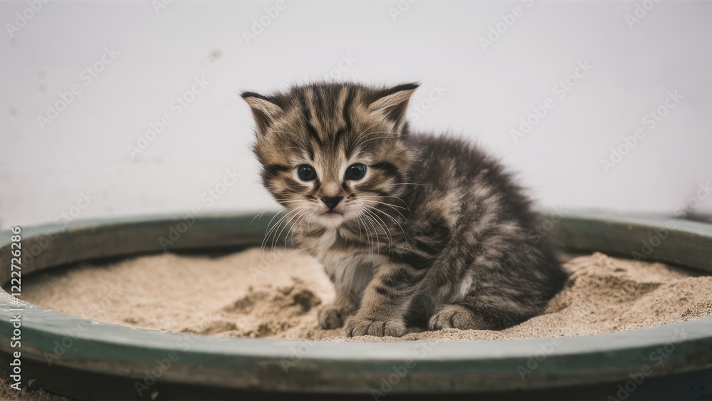 Cute small tabby kitten sitting in a round sandpit with light beige sand set against a simple white background capturing playful innocence. Cute small tabby kitten sitting in a round sandpit with light beige sand set against a simple white background capturing playful innocence.