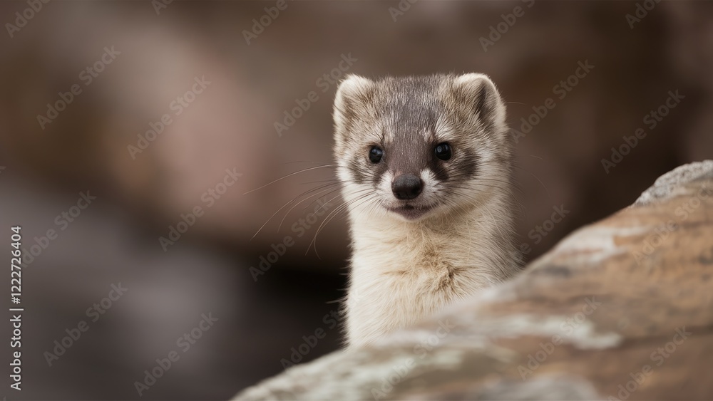 Fototapeta premium Weasel in winter coat peering from behind a rock with soft blurred background highlighting its features and earthy color tones in focus