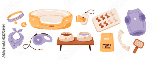 Dog accessories and essentials. Leashes, collars, grooming tools, and toys for pet. Flat vector illustration of puppy care essentials in vibrant style.