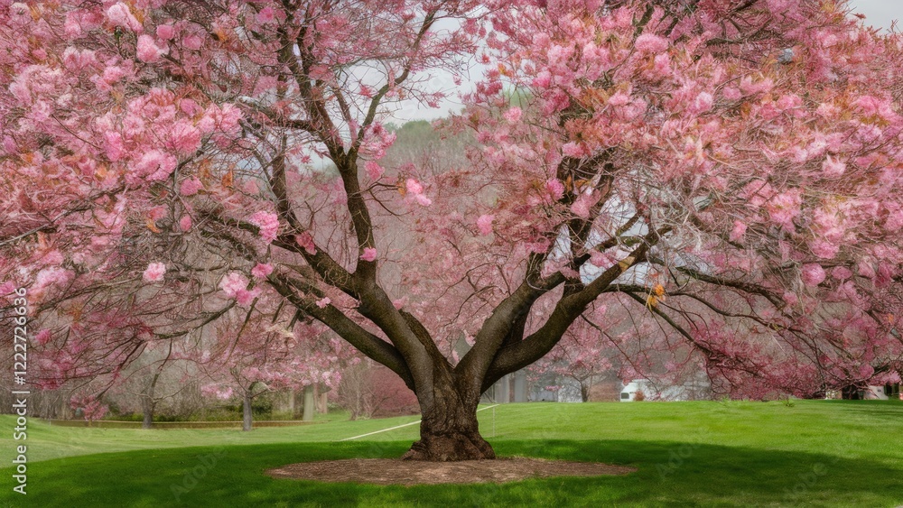 Blooming double cherry tree in spring with vibrant pink flowers, wide trunk, green grass below, and a serene landscape in the background. Blooming double cherry tree in spring with vibrant pink flowers, wide trunk, green grass below, and a serene landscape in the background.