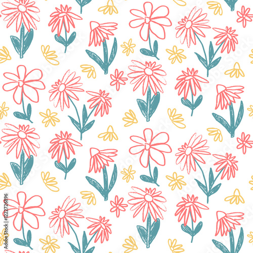 Coneflowers crayon drawn seamless pattern. Colorful floral allover background. Daisy stylized botany repeat cover. Surface pattern design spring motif. Vector hand drawn illustration.