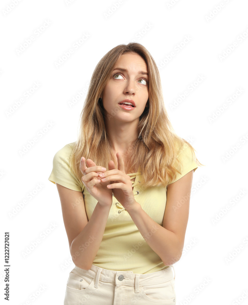 Thoughtful young woman talking on white background Thoughtful young woman talking on white background
