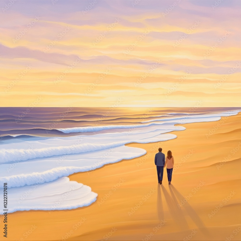 Fototapeta premium romantic sunset beach scene, gentle waves, golden sand, couple walking hand in hand, warm 
