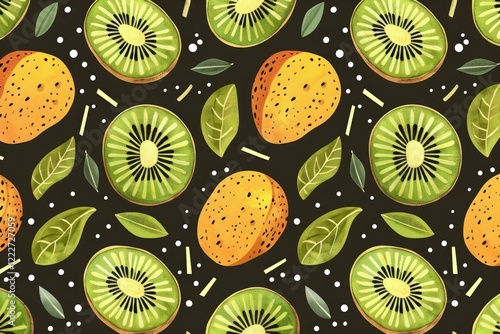 Seamless pattern showcasing vibrant kiwi slices and whole apricots, complemented by green leaves and white dots on a dark background, ideal for food themed designs photo