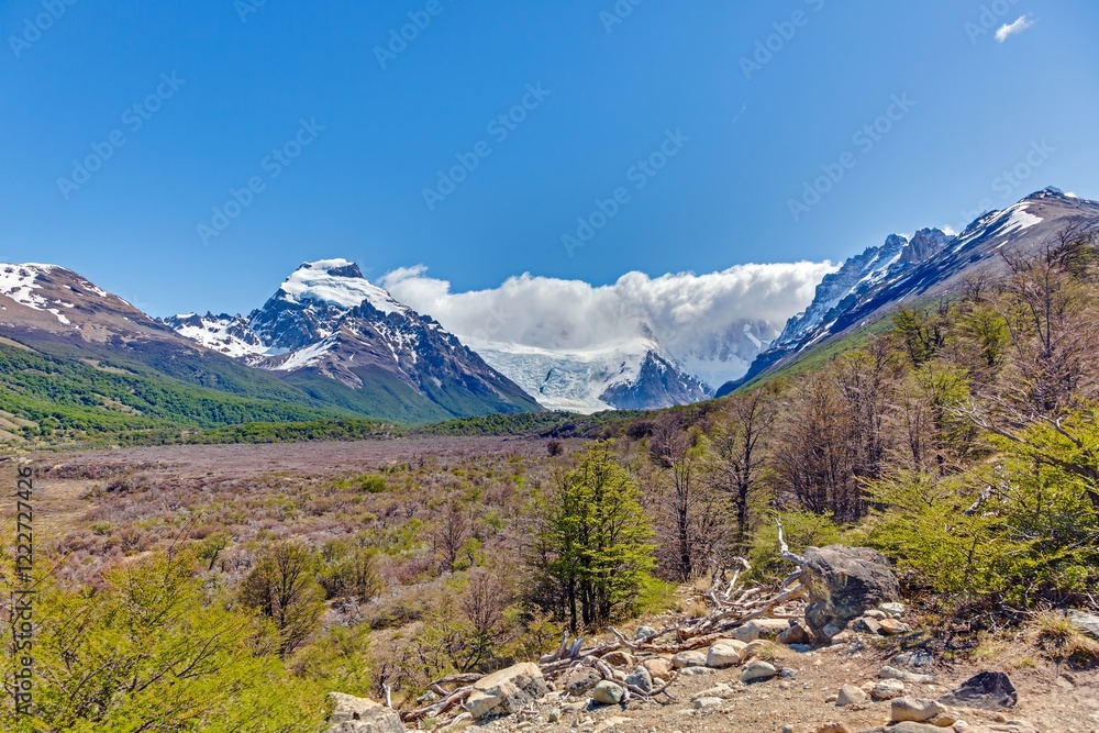 View of the valley towards Laguna Torre with Cerro Torre and surrounding peaks View of the valley towards Laguna Torre with Cerro Torre and surrounding peaks