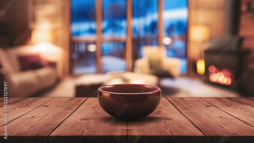 Cozy winter scene featuring a vibrant blurred background with a warm-colored wooden brown table top and a red bowl centered in the foreground. Cozy winter scene featuring a vibrant blurred background with a warm-colored wooden brown table top and a red bowl centered in the foreground.