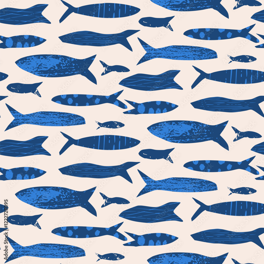 Obraz premium Fish seamless pattern. Sardines blue textured allover background. Coastal repeat cover. School of salmon continuous ornament. Surface pattern design seafood motif. Vector hand drawn illustration.