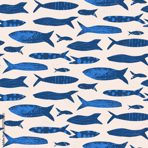Fish seamless pattern. Sardines blue textured allover background. Coastal repeat cover. School of salmon continuous ornament. Surface pattern design seafood motif. Vector hand drawn illustration.