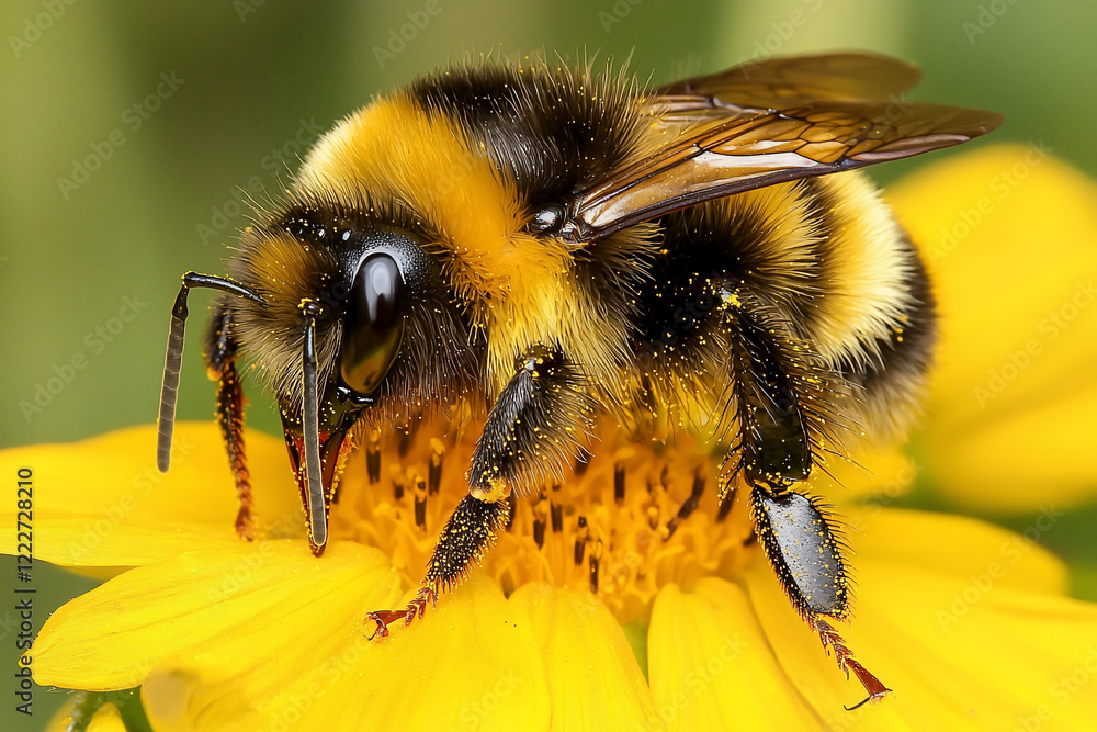 Close-up of a bumblebee collecting pollen from a vibrant yellow flower in a lush garden setting Close-up of a bumblebee collecting pollen from a vibrant yellow flower in a lush garden setting