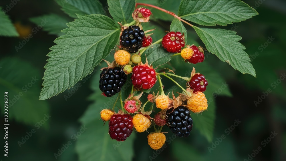Fresh blackberries and red raspberries clustered among green leaves in a vibrant, natural setting showcasing rich colors and fresh fruit detail. Fresh blackberries and red raspberries clustered among green leaves in a vibrant, natural setting showcasing rich colors and fresh fruit detail.