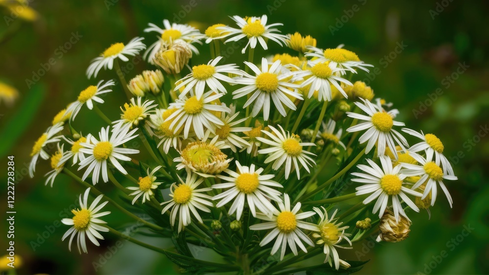 Vibrant cluster of Butter Daisy flowers with white petals and yellow centers set against a lush green background creating a fresh garden scene.