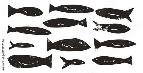 Fish set. Sardines school collection. Salmon silhouettes. Undersea animals. Vector hand drawn cutout collage elements illustration.