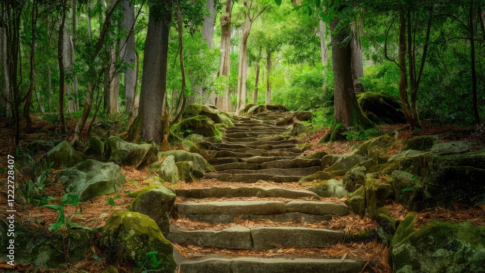 Ancient stone steps lead through lush green forest with dappled sunlight filtering through tall trees creating a serene pathway 1 Ancient stone steps lead through lush green forest with dappled sunlight filtering through tall trees creating a serene pathway 1