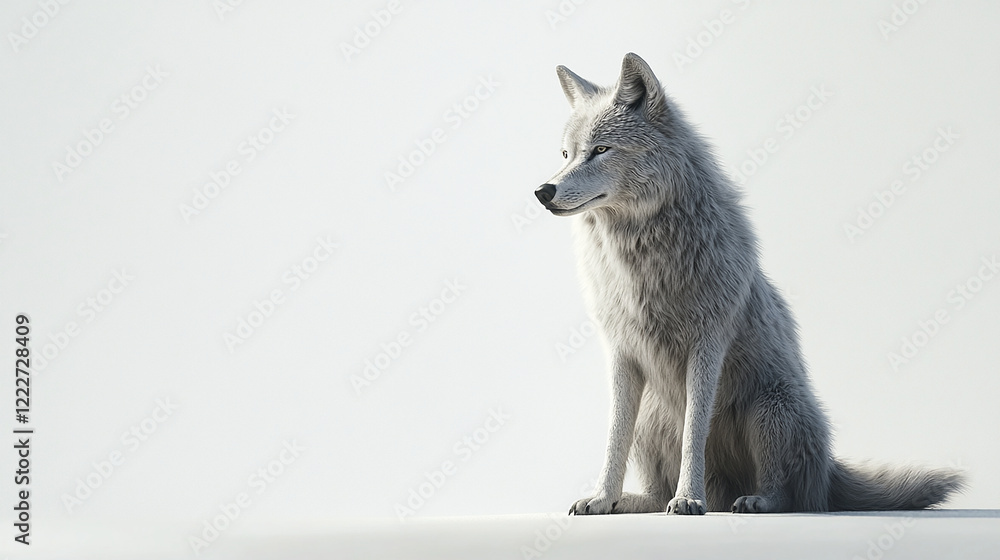 Obraz premium Lone wolf sitting calmly on a white surface