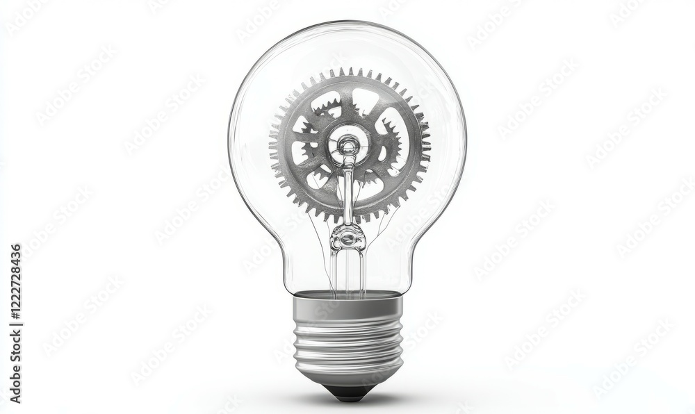 Light bulb with a gear inside of it. The light bulb is in a glass container Light bulb with a gear inside of it. The light bulb is in a glass container