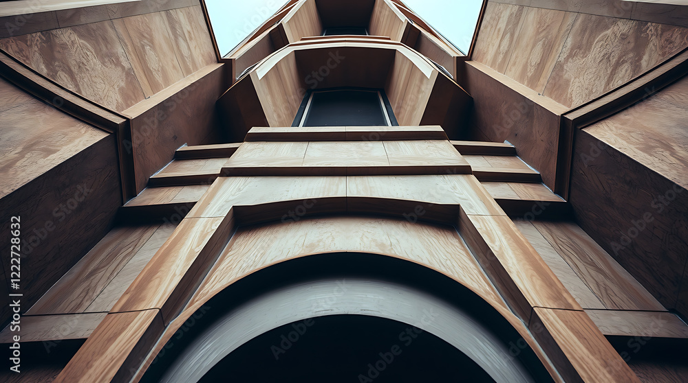 Fototapeta premium Modern Wooden Building Facade: Geometric Patterns and Architectural Details