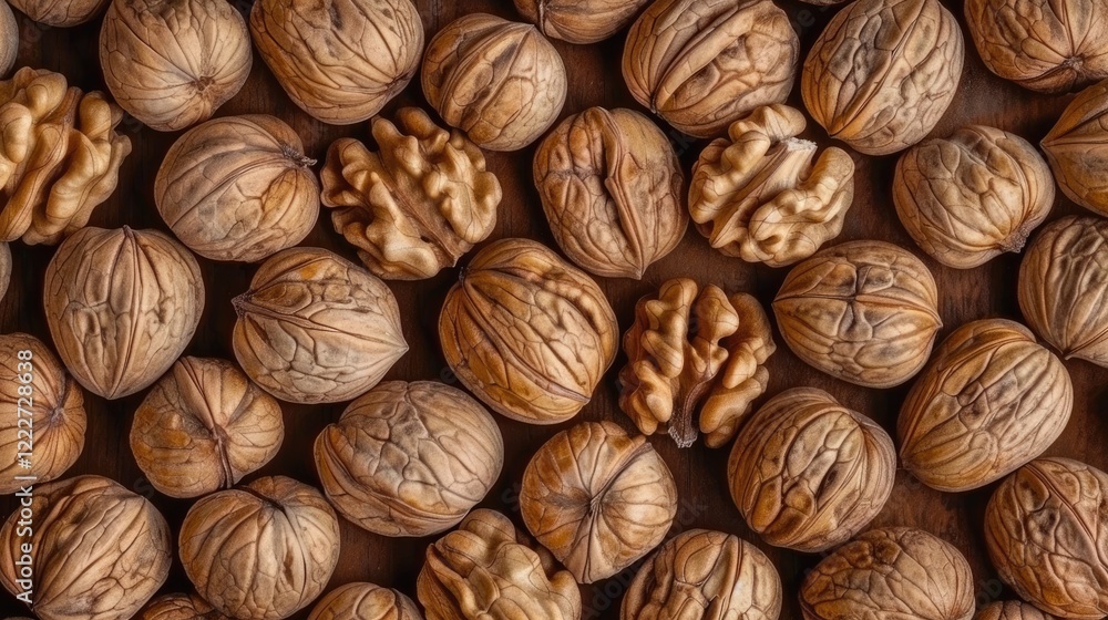 Close-Up of Walnuts in a Patterned Arrangement Close-Up of Walnuts in a Patterned Arrangement