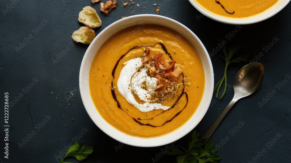 Creamy pumpkin soup garnished with whipped cream nuts and spices in a white bowl on a dark background with a spoon and herbs accentuating the scene Creamy pumpkin soup garnished with whipped cream nuts and spices in a white bowl on a dark background with a spoon and herbs accentuating the scene