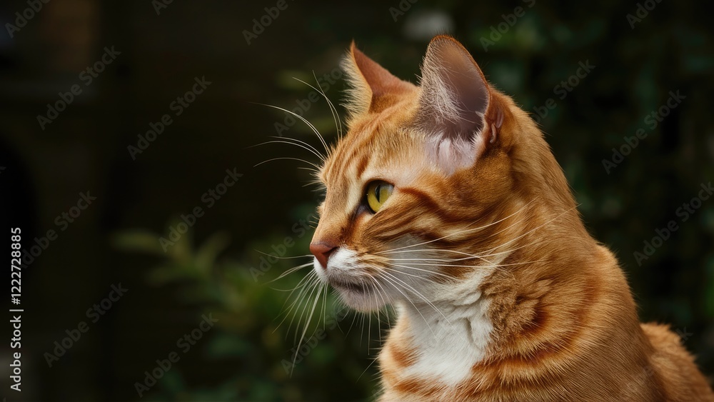 Closeup profile portrait of an orange cat with vibrant fur and distinct whiskers against a softly blurred green background showcasing its elegant features Closeup profile portrait of an orange cat with vibrant fur and distinct whiskers against a softly blurred green background showcasing its elegant features