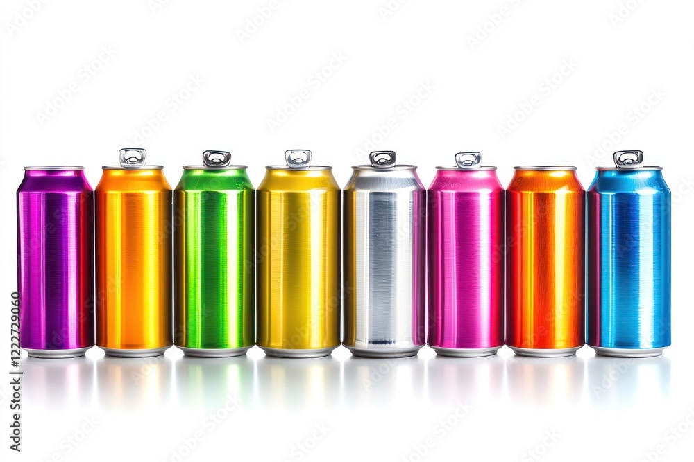 A row of colorful beverage cans in various metallic shades on a reflective surface. A row of colorful beverage cans in various metallic shades on a reflective surface.